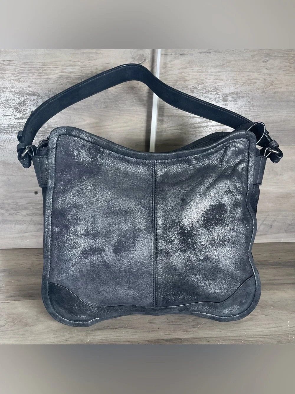 Frye Mel Metallic Leather Charcoal Gray Black Boho Bag Shoulder Purse Chic